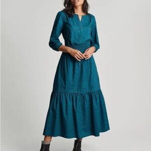 Joules Star Lyla Tiered Poplin Tiered Quart Sleeve Teal Maxi Midi Dress 8